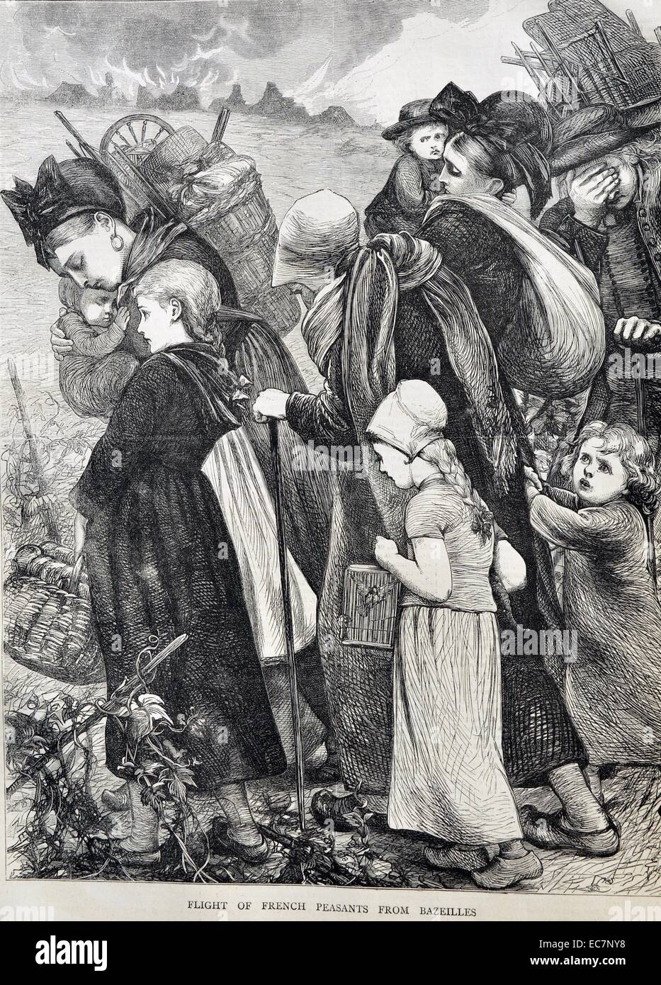 Incisione raffigura contadini francesi lasciando Bazeilles con i loro possedimenti. Bazeilles è un comune nel dipartimento delle Ardenne nella Francia del nord. Si trova vicino a Sedan. Datata 1870 Foto Stock