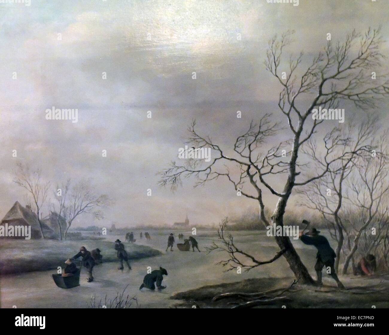 Un paesaggio invernale da Johannes Christian Janson (1763-1823). Olio su pannello, Olandese. Parte della collezione d'arte in Upton House nella contea inglese del Warwickshire. Nel 1927 la station wagon è stata acquisita da Walter Samuel, 2a Viscount Bearsted. Suo padre Marcus Samuel, è stato il fondatore della compagnia petrolifera, Shell. Foto Stock