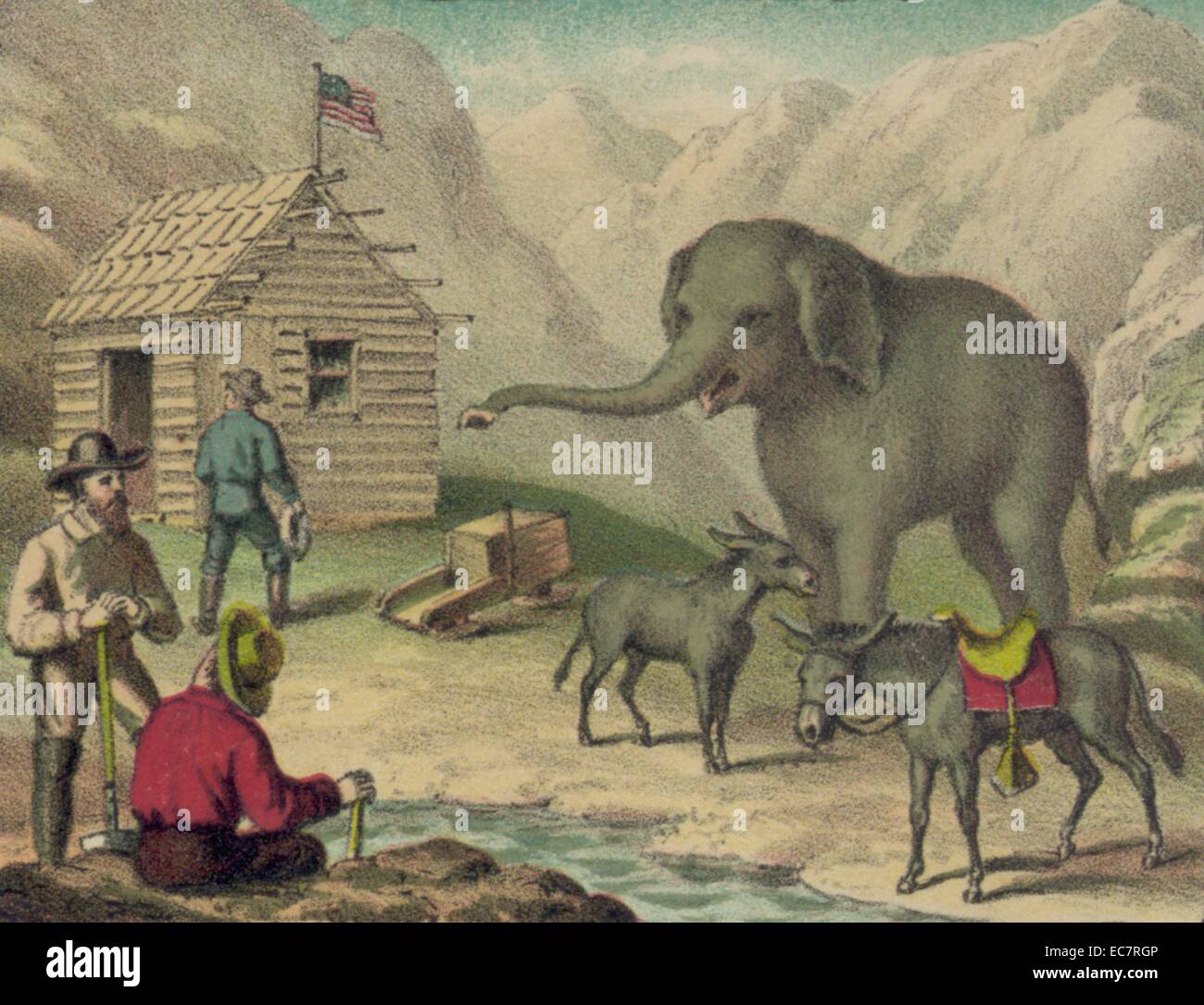 American boscaioli nelle montagne rocciose, la prospezione di oro con un elefante e due muli. 1850 Foto Stock