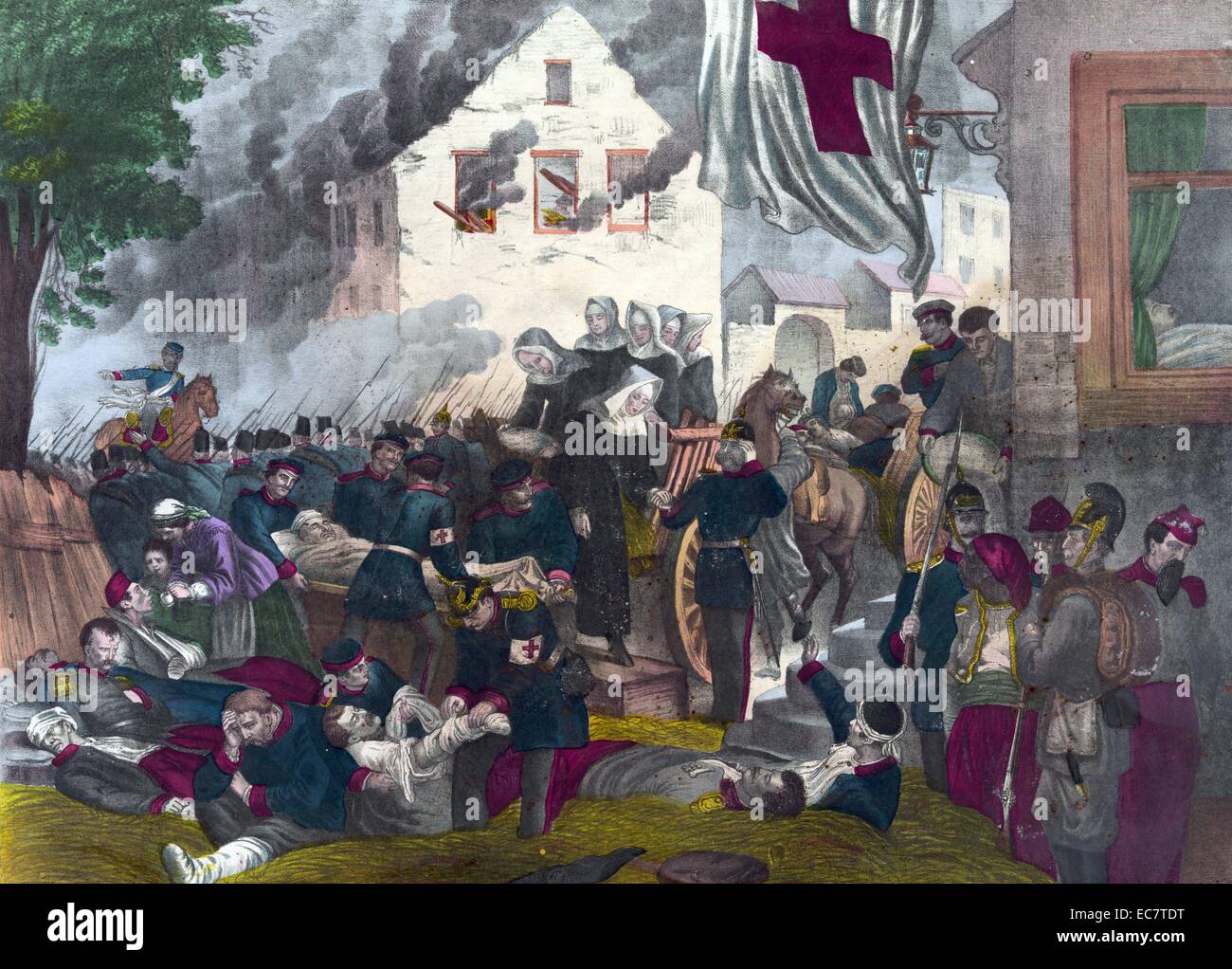Dopo la battaglia di Gravelotte (Franco Prussiana di guerra) Sorelle della Misericordia che arrivano sul campo di battaglia per soccorrere i feriti. Pubblicato 1870 Foto Stock