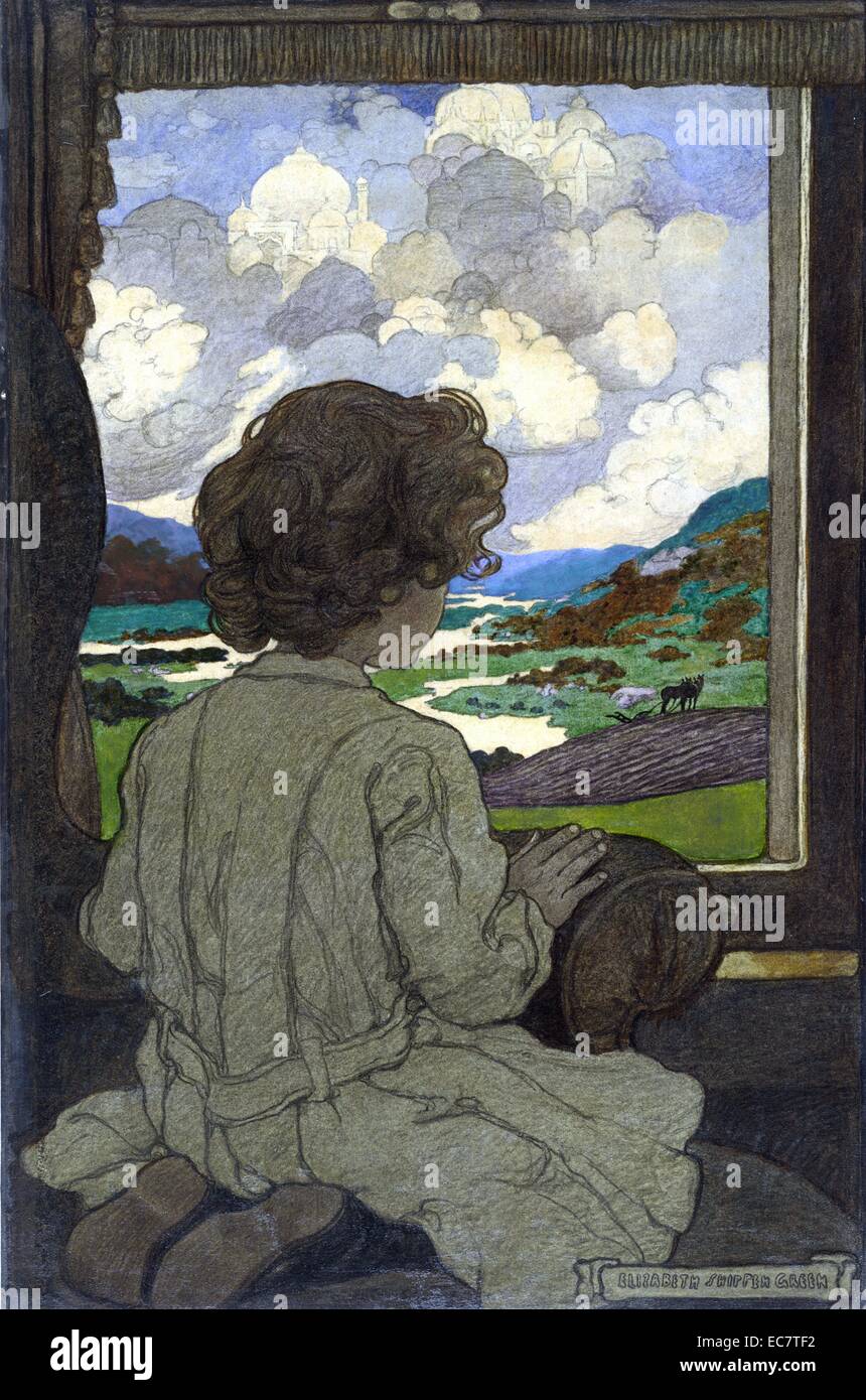 Illustrazione lei è un giovane ragazzo a guardare il paesaggio di campagna dalla sua sede in un treno (stazione) auto. Una serie di poesie di Giuseppina Preston Peabody intitolata " Il piccolo passato." 1903 Foto Stock