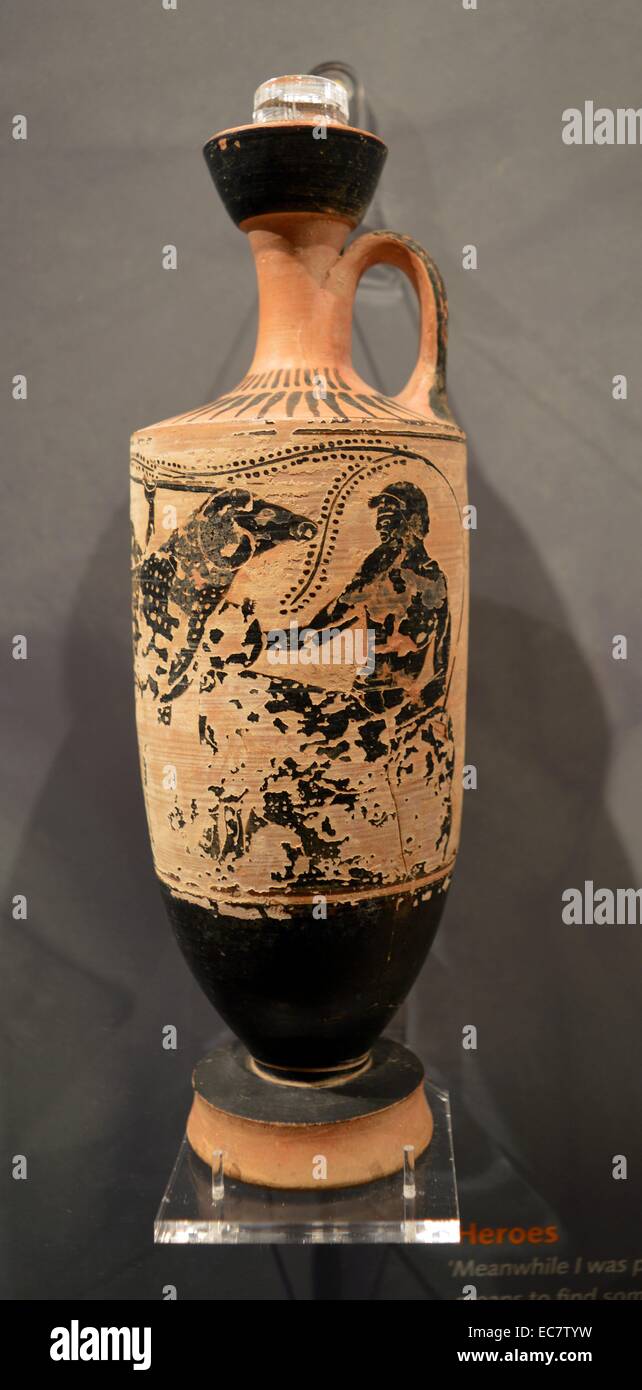 Attico a figure nere lekythos, mostrando di Odysseus in fuga da Polifemo, attribuito al 'Teseo pittore", circa 500 BC, argilla . Foto Stock