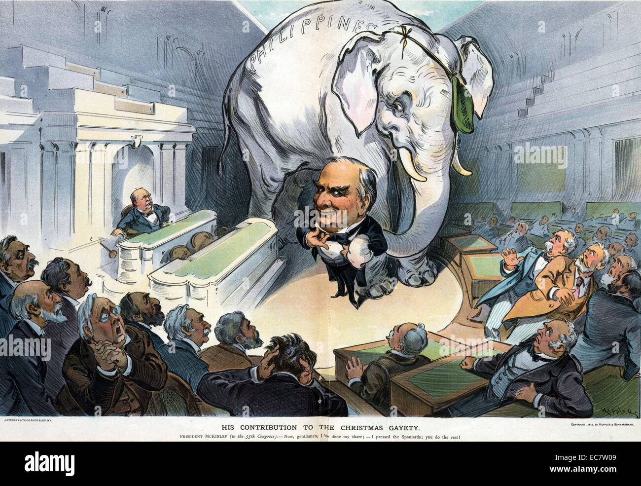 Il suo contributo al Natale gayety' il presidente William McKinley (1843-1901) con un enorme elefante bianco etichettato " Filippine " indossando un occhio patch etichettato "Aguinaldoism' dietro di lui, parlando alla 55Congresso; molti dei membri del Congresso degli Stati Uniti reagiscono con timore, segnatamente, George F. trasformata per forte gradiente in basso a sinistra in primo piano e un altoparlante della casa Thomas B. Reed che scende il martello. Foto Stock