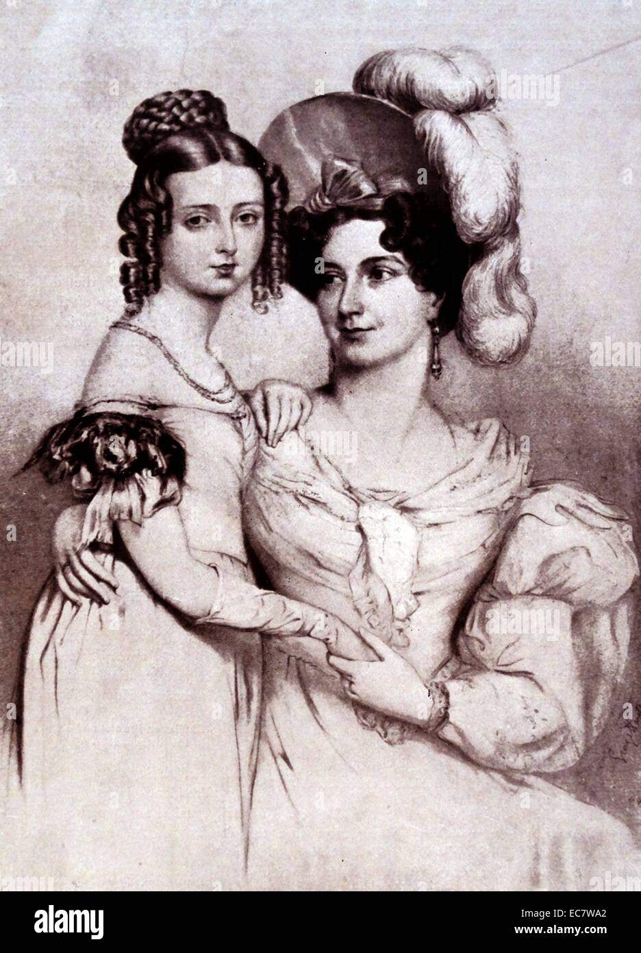 Ritratto datato 1834 della regina Vittoria di Gran Bretagna e sua madre la Principessa Victoria di Sassonia Coburgo - Gotha-Saalfeld Foto Stock