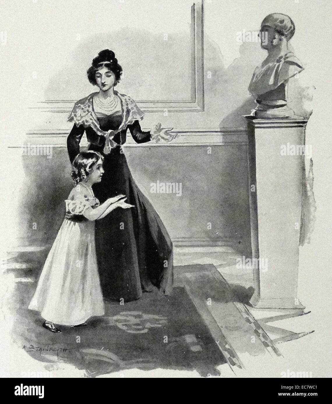 La Principessa Victoria (poi regina di Gran Bretagna) con sua madre in piedi davanti a un busto raffigurante il suo padre. Foto Stock