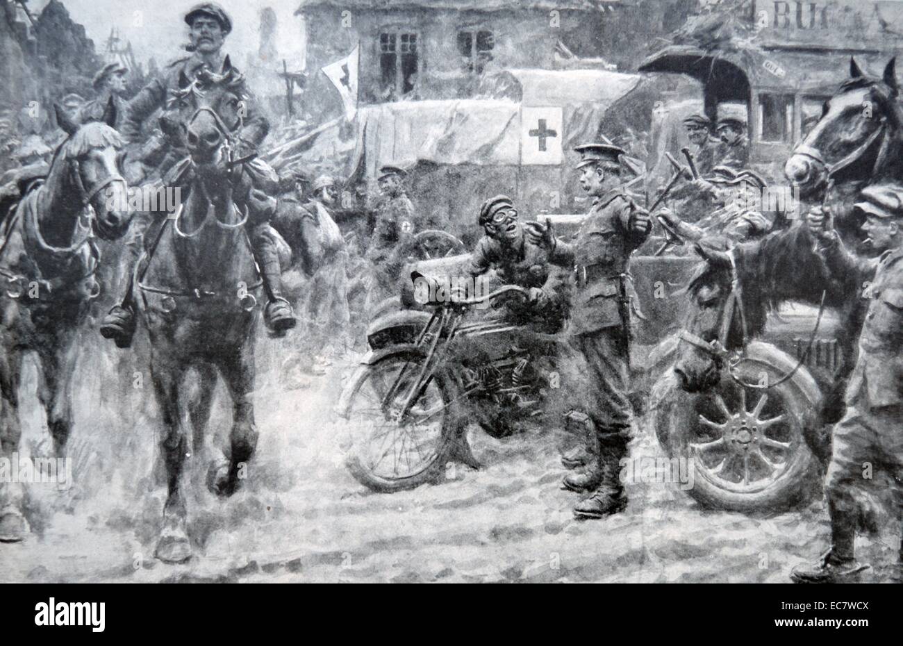 British polizia militare può contenere fino il traffico in un villaggio in Francia per lasciar passare le truppe da; la prima guerra mondiale Foto Stock