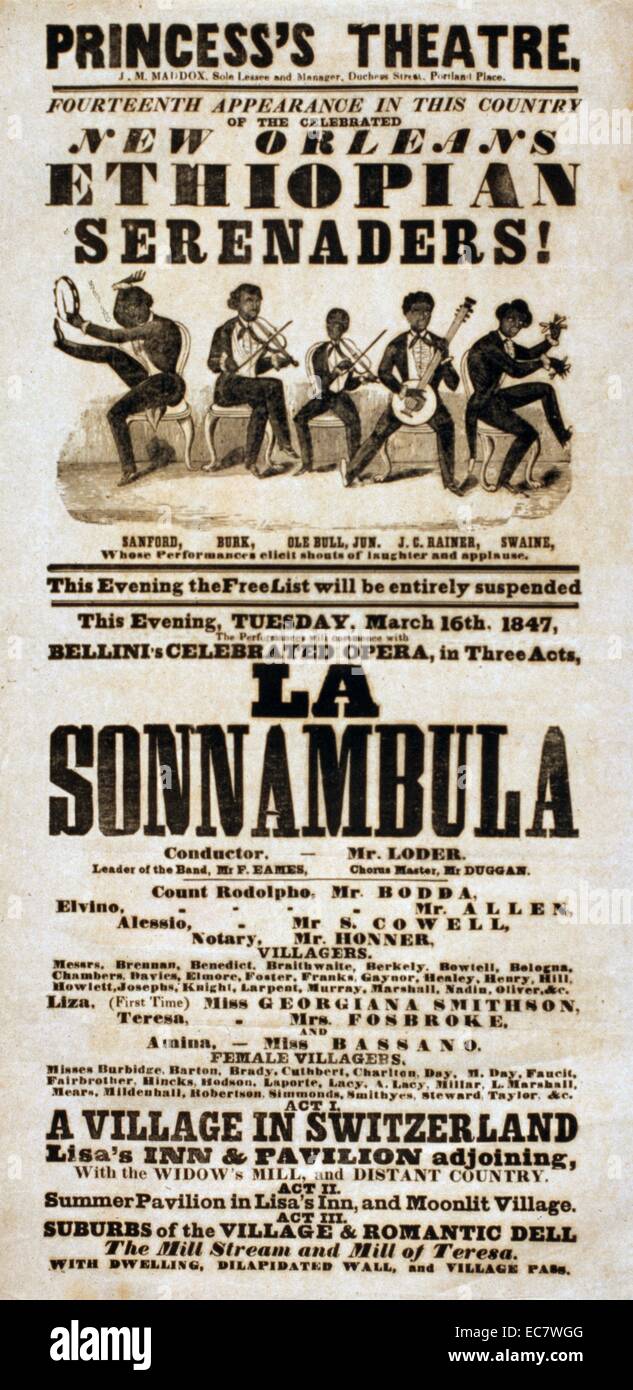 American theatre poster per un menestrello show e una produzione lirica di Bellini "La Sonnambula" 1900 Foto Stock