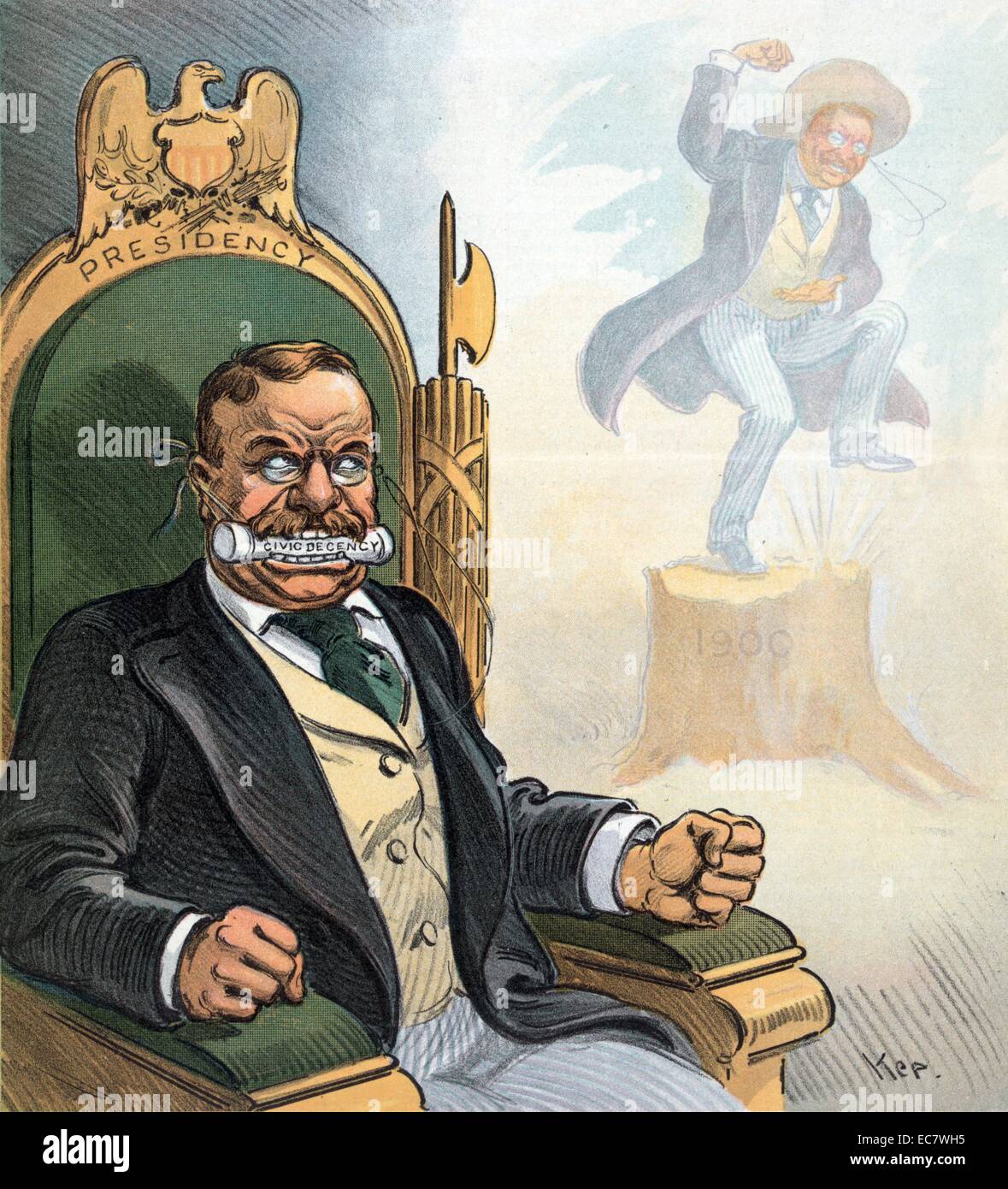 I buoni vecchi giorni " Presidente Theodore Roosevelt seduto in una sedia etichettata "Presidenza" con un fasces dietro la sua spalla sinistra e con una gag etichettato "civile DECENZA' nella sua bocca; egli è alla ricerca di uno spirito di se stesso dal 1900 quando egli possa parlare liberamente. Foto Stock