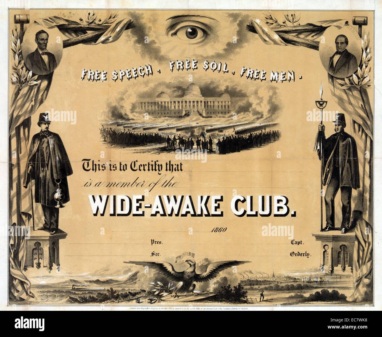 Free Speech, libero suolo, uomini liberi" un certificato di appartenenza per il Wide-Awake Club, un repubblicano marching club formata in febbraio o marzo 1860 e attivo in tutto il Nord durante la campagna elettorale. Il club è stato dedicato alla conservazione dell'Unione e la non estensione della schiavitù. Foto Stock