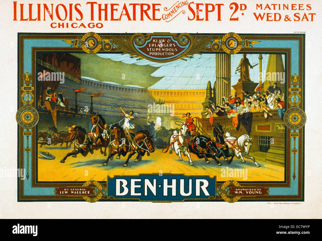 Un 1901 poster per una produzione presso il Teatro dell'Illinois a Chicago. La drammatizzazione del 1880 Romanzo Ben-Hur: la produzione è stata notevole per la sua elaborata uso di spettacolo. Il gioco come prodotta aveva sette parti: un prologo e 6 atti. Foto Stock