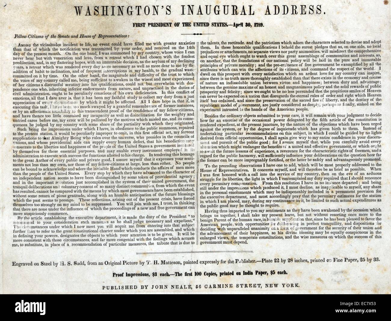 Washington discorso inaugurale aprile 1789, il vecchio municipio, New York' George Washington indirizzo inaugurale davanti ai membri del Congresso. Include il testo del discorso. Foto Stock