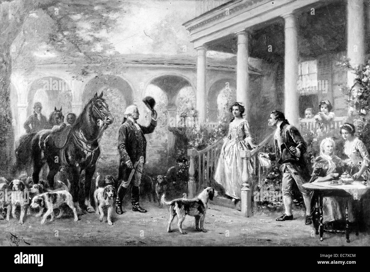 Il Ritorno dalla caccia" il presidente George Washington (1732-1799) saluta la famiglia a Mount Vernon al suo ritorno dalla caccia. A Washington è stato il primo Presidente degli Stati Uniti, il Comandante in Capo dell'esercito continentale durante la guerra rivoluzionaria americana e uno dei padri fondatori degli Stati Uniti. Foto Stock