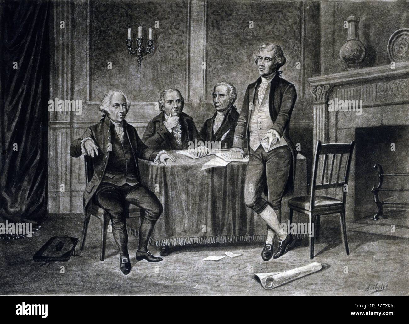 Leader del congresso continentale" John Adams, Gouverneur Morris, Alexander Hamilton e Thomas Jefferson intorno al tavolo. Foto Stock