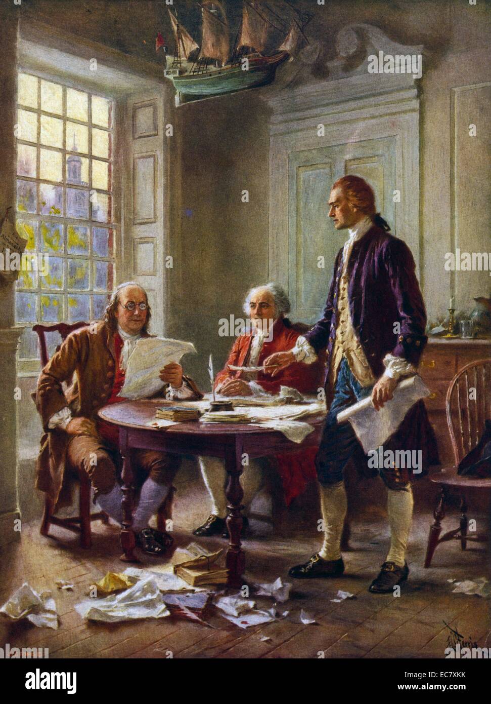 La scrittura della dichiarazione di indipendenza, 1776' Thomas Jefferson, Benjamin Franklin e John Adams si incontrano in corrispondenza del Jefferson filoni, sull'angolo del settimo e alta (Mercato) strade di Philadelphia, per esaminare una bozza della Dichiarazione di Indipendenza. Foto Stock