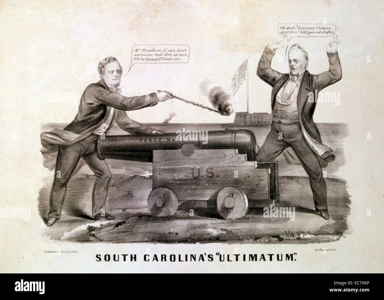 Carolina del Sud di 'ultimatum'' verso la fine di dicembre 1860 tre commissari dal recente seceded stato della Carolina del Sud si è incontrato con zoppo-anatra presidente Buchanan a negoziare per possesso di Fort Sumter, un'installazione di tipo federale nel porto di Charleston. Buchanan di tentativi di rimanere la situazione e la Carolina del Sud governatore Francesco Pickens insista su Unione evacuazione del fort vengono sbeffeggiati qui. Pickens (sinistra) contiene un fusibile illuminato per un gigantesco cannone unione "Peacemaker", che è puntato verso il suo addome. Foto Stock