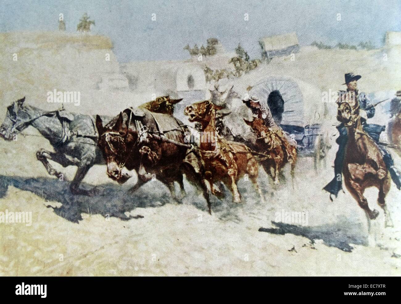 Attacco su un treno di alimentazione 1885 da Frederic Sackrider Remington', (1861-1909) un pittore americano, illustrator, scultore e scrittore specializzato in raffigurazioni del vecchio west americano, in particolare concentrando sui cowboy e indiani americani e gli Stati Uniti Cavalleria di quest'ultimo quarto del XIX secolo Foto Stock