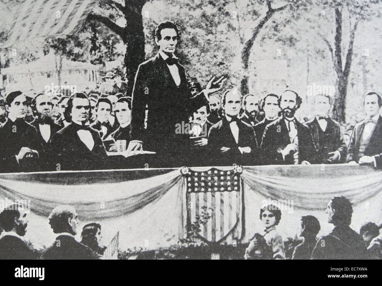 Abraham Lincoln (in piedi) in uno di una serie di sette dibattiti in materia di schiavitù con Stephen Douglas (a Lincoln è di destra), il suo rivale per un sedile in Senato. Queste discussioni hanno permesso sia i candidati per discutere le loro opinioni sulla schiavitù. Foto Stock