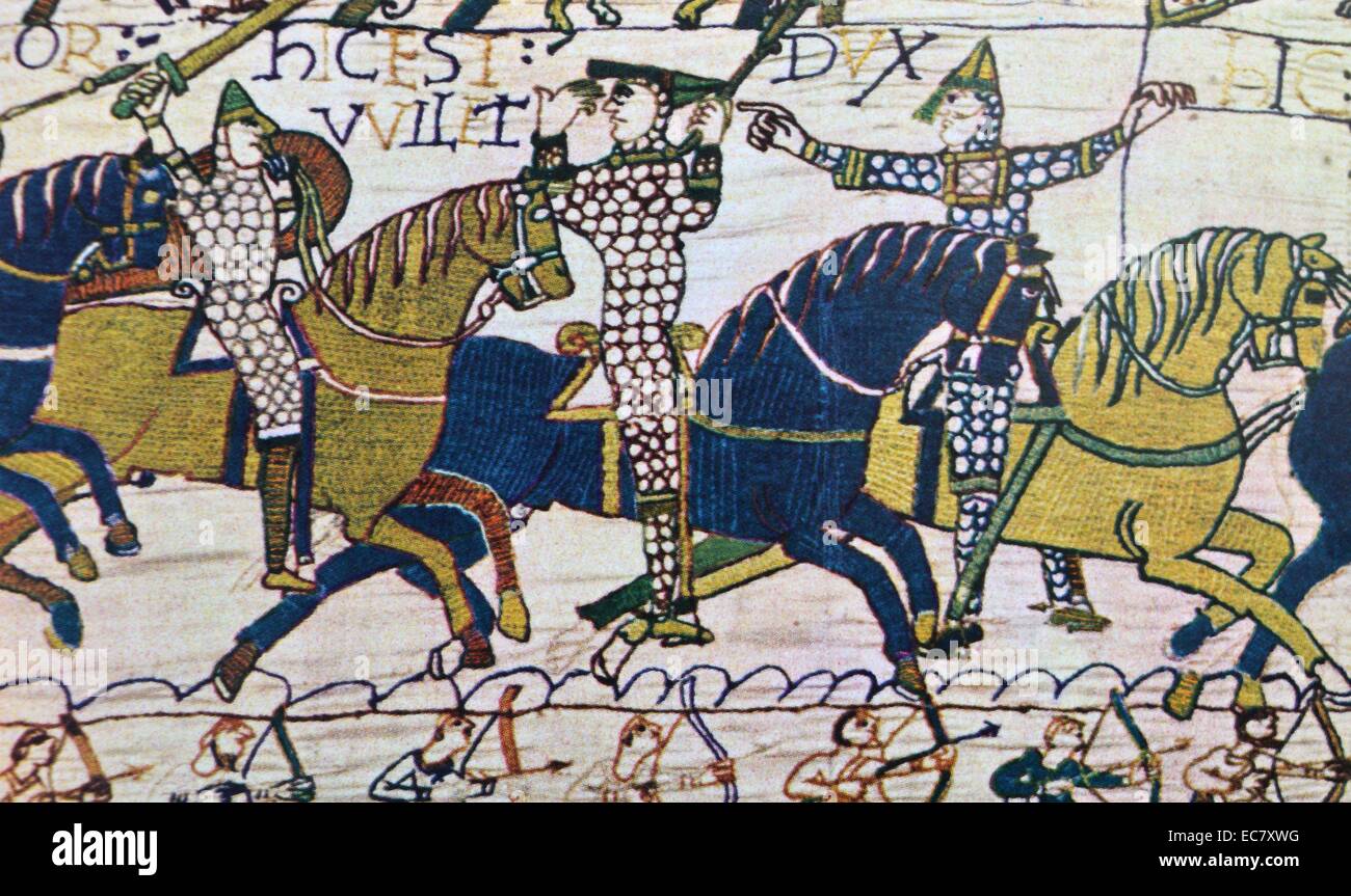 La conquista dell' Inghilterra da parte dei Normanni. La morte dei fratelli del Re Harold. Un dettaglio dall'Arazzo di Bayeux, Caen, c 1070. Tesoro della Cattedrale di Bayeux. Foto Stock