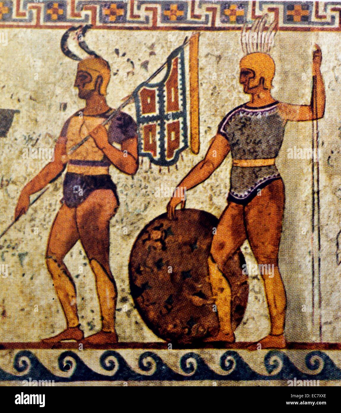 Guerrieri di ritorno dalla battaglia. Dettaglio di un fregio, proveniente da una tomba presso la Porta Aurea, Paestrum, italiote. Seconda metà del IV secolo A.C. Foto Stock