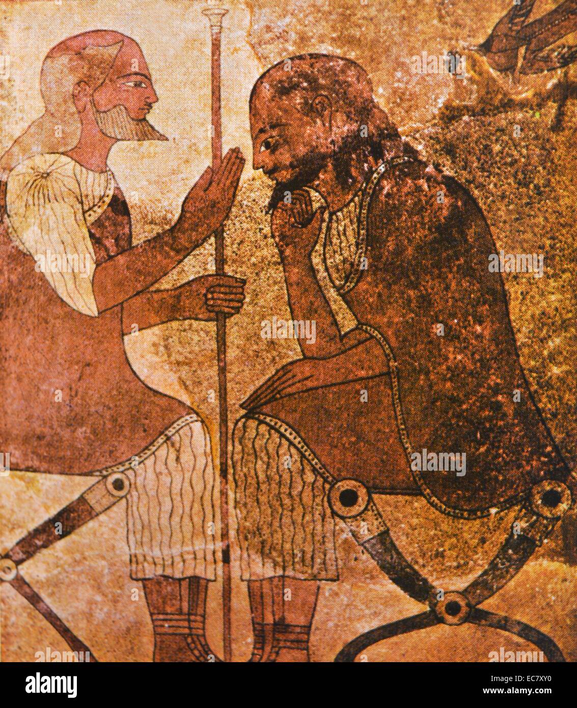 Due uomini barbuti e una minuscola creatura alata. Da una tomba a Cerveteri ("Campana Group ") fase Ionian-Etruscan degli Etruschi stile arcaico (c700-475 BC) Terzo trimestre del VI secolo A.C. Dipinto policromo della placca di argilla. Foto Stock