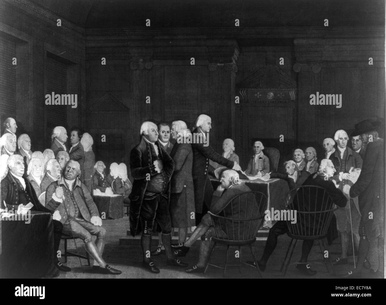 Il Congresso ha votato a favore della dichiarazione di indipendenza" stampa mostra gli uomini riuniti in assemblea in camera il Pennsylvania State House (ora chiamato Independence Hall), Philadelphia. Completate le figure includono John Adams, Roger Sherman, James Wilson e Thomas Jefferson, consegnando un documento a John Hancock, presidente del Congresso. Foto Stock
