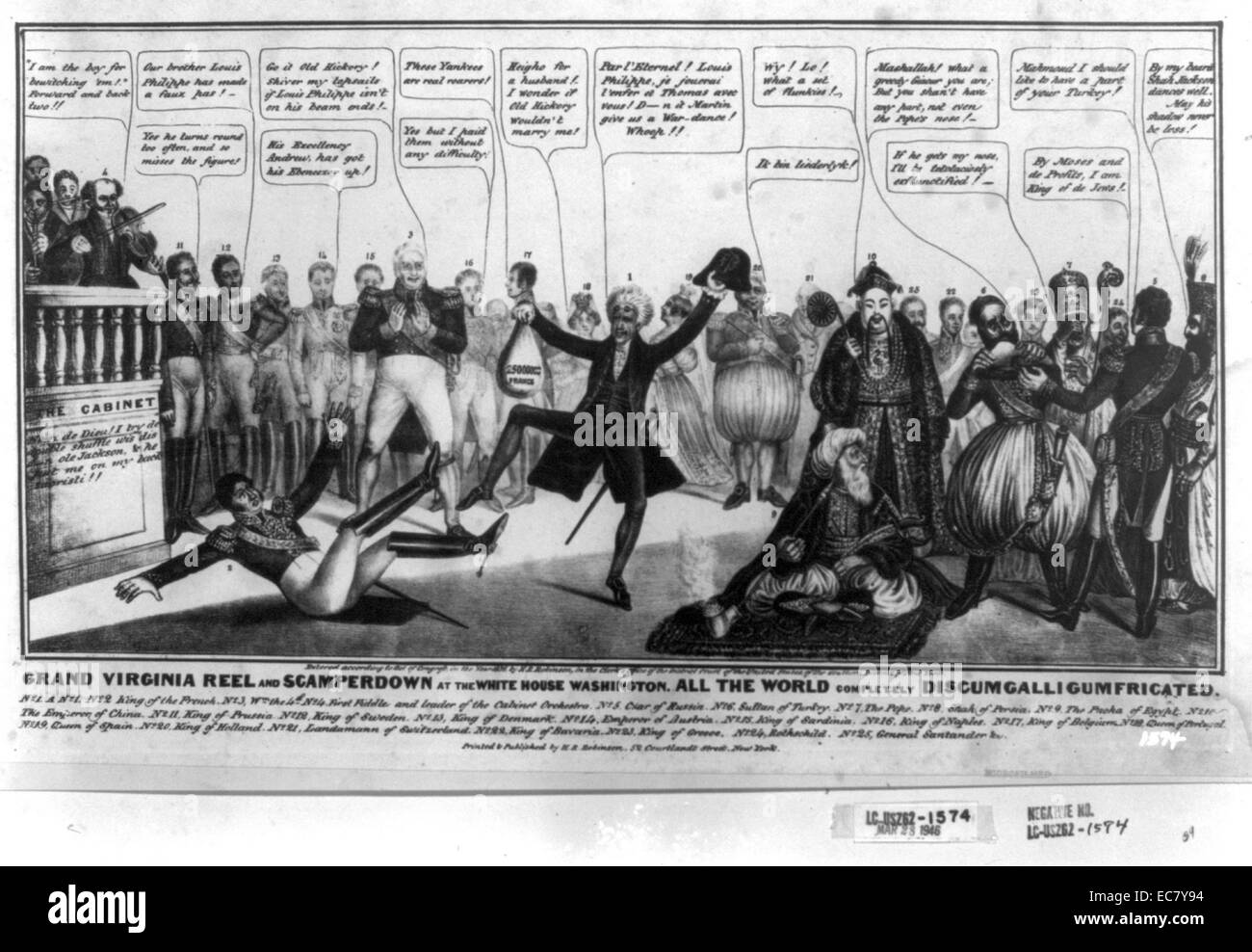 Grand Virginia Reel e scamperdown al Whitehouse Washington' altra satira su Andrew Jackson è in conflitto con il re francese Louis Philippe su riparazioni francese a causa degli Stati Uniti ai sensi del Trattato del 1831. L'artista biasima vice-presidente Van Buren per escalation di anti-francese sensazione nell'Amministrazione sull'orlo della guerra. Nel centro di Jackson, tenendo un sacco di 25 milioni di franchi (l'importo del debito francese istituito dal trattato), danze di un brano suonato da "primo violino' Van Buren e il cabinet orchestra. Louis Philippe cade a terra a sinistra. Foto Stock