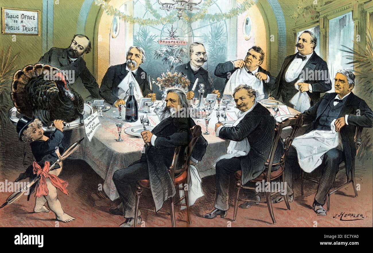 La Giornata del ringraziamento, 1885' Presidente Cleveland in piedi alla testa di una tabella con i suoi funzionari di gabinetto intorno al tavolo in placemats etichettato "Bayard, Manning, Garland, Whitney, Lamar, Endicott, [e] Vilas' come Puck offre una grande Turchia su un piatto da portata etichettato " con i complimenti di tutti i buoni cittadini"; un avviso sulla parete in background membri 'Ufficio pubblico è una fiducia del pubblico". Il fulcro della tavola è etichettato "prosperità". Foto Stock