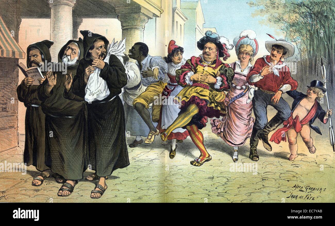 Armonia e invidia' una scena di strada con tre monaci, Whitelaw Reid, James G. Blaine, e John Logan, pochi passi più avanti di una banda di allegri festaioli composta di Puck, Puck figura per il 'indipendente' party, Presidente Cleveland etichettato " Bourbon riformata' con una donna sulla destra etichettato "Nord" e una donna sulla sinistra etichettato "sud", e afro-americano. Reid porta un sacco etichettato "Bloody Shirt' e 'inconciliabile Editorials " e Logan è la lettura di un 'paradiso perduto'. Foto Stock