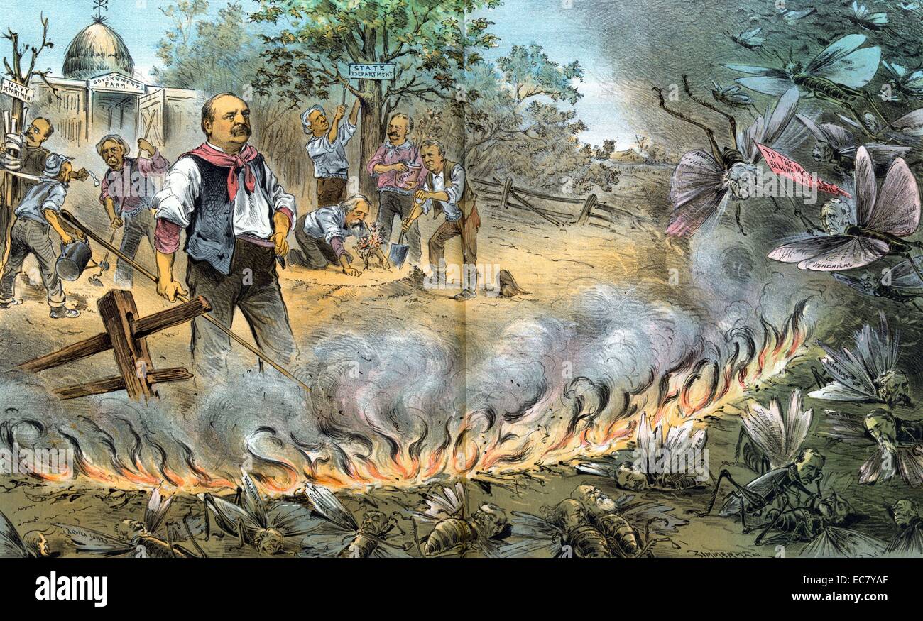 Il presidente Cleveland in piedi dietro un muro di fiamme Foto Stock