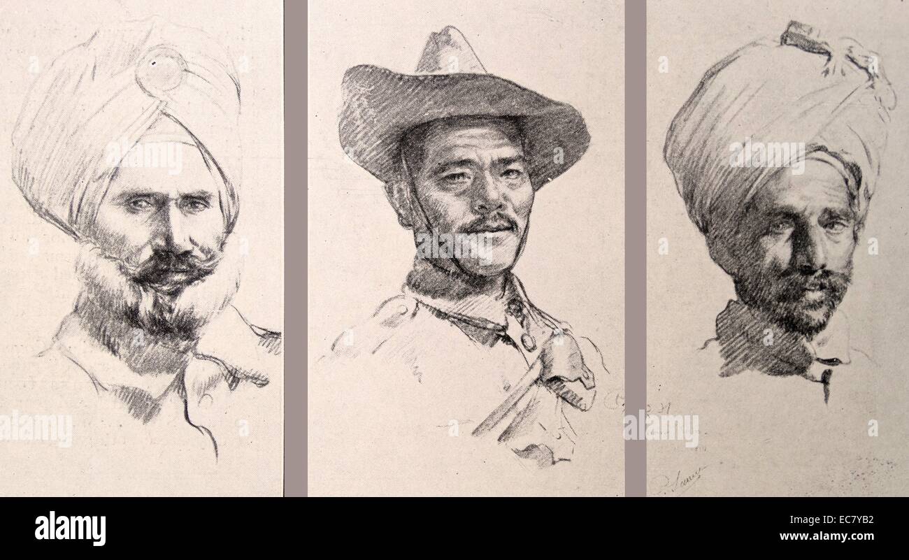 Un Sikh; un Ghurkha e un Pathan di l'esercito indiano britannico nella Prima Guerra Mondiale 1916 Foto Stock
