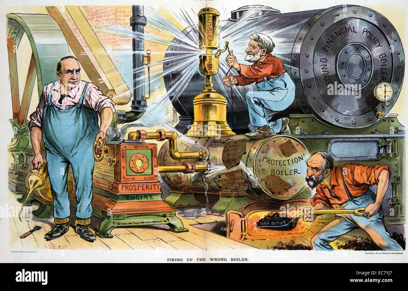 La cottura di sbagliato caldaia' Presidente McKinley tenendo un olio può essere etichettata come "Patrocinio' e girando la manovella su un 'prosperità motore' mentre Nelson Dingley pale del carbone in un danneggiato "Protezione caldaia" etichettato 'tariffa alta sconfitta 1890' e 'tariffa alta sconfitta 1892', che è prossima ad una nuova di zecca e caldaia inutilizzato etichettato "una sana politica finanziaria caldaia"; William B. Allison tira la maniglia su un grande ottone 'fischio repubblicana". Foto Stock