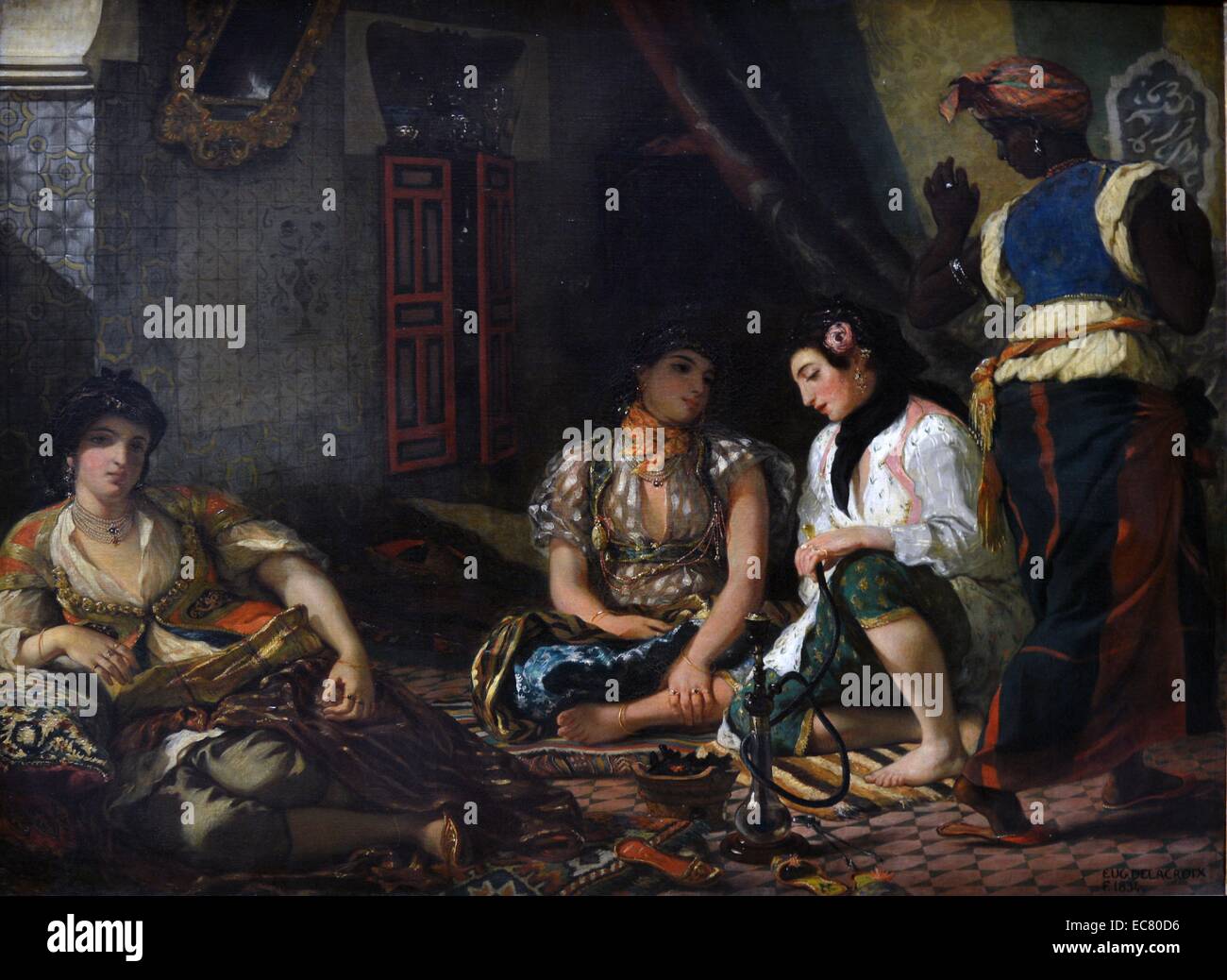 Pittura intitolata " Donne di Algeri nel loro harem', 1834 da Victor Eugene Delacroix. Datata del XIX secolo. Foto Stock