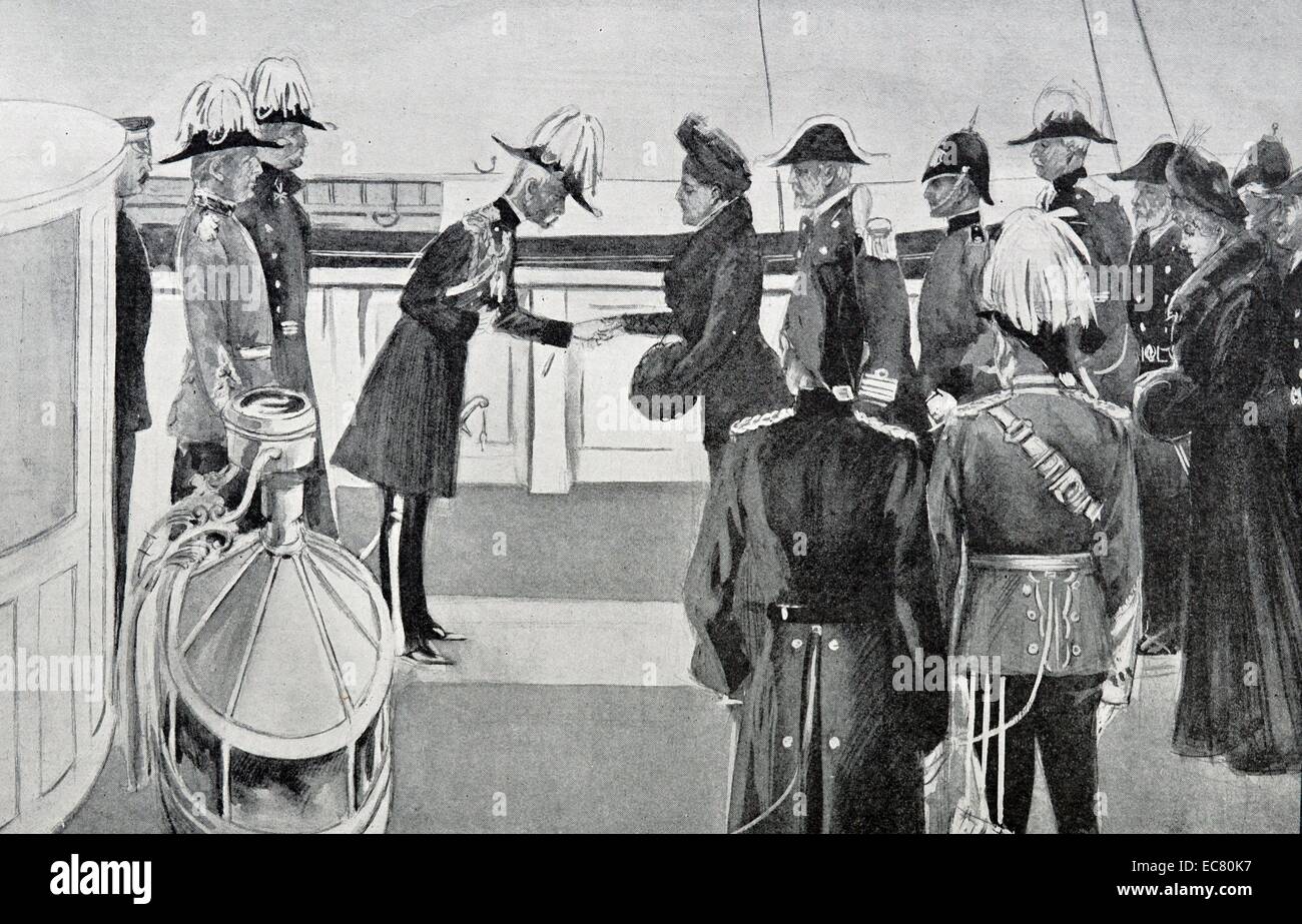Incisione di Principessa Enrico di Battenberg, noto anche come la principessa Beatrice del Regno Unito (1857-1944) ricevente Maresciallo di Campo Frederick Sleigh Roberts (1832 - 1914) sul " Alberta'. Datata 1901 Foto Stock