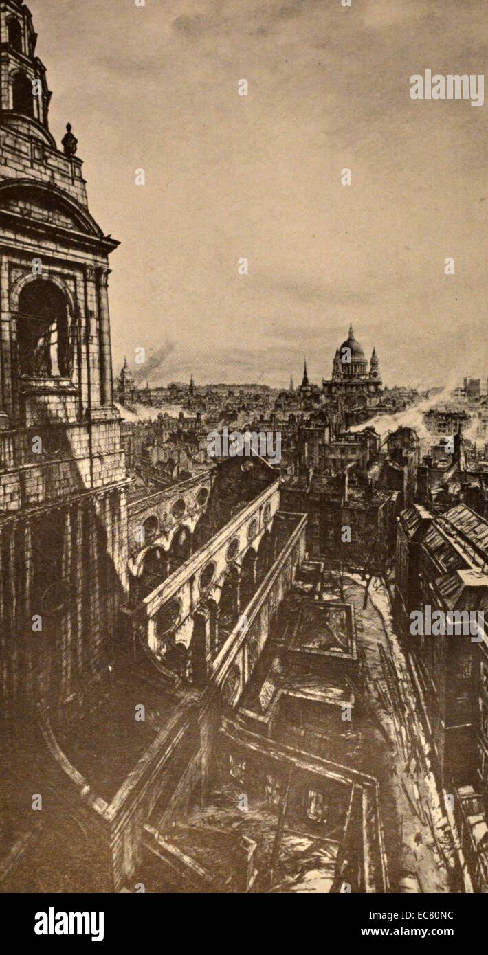 Schizzo di St sposa la Chiesa e la città di Londra dopo il blitz. Creato da Sir Muirhead osso (1876-1953) un incisore scozzese, puntasecca e acquerello artista che divenne noto per la sua rappresentazione di industriali e di soggetti architettonici e la sua opera come un artista di guerra in entrambe la prima guerra mondiale e la Seconda Guerra Mondiale. Datata 1942 Foto Stock