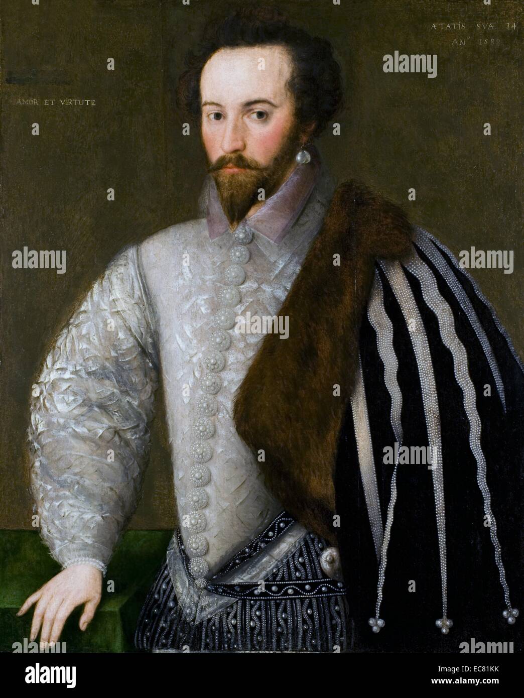 Ritratto di Sir Walter Raleigh (1552-1618) aristocratico inglese, scrittore, poeta, soldato, politico, cortigiano, spy ed Esplora risorse. Ha reso popolare il tabacco in Inghilterra. Datata XVI Secolo Foto Stock