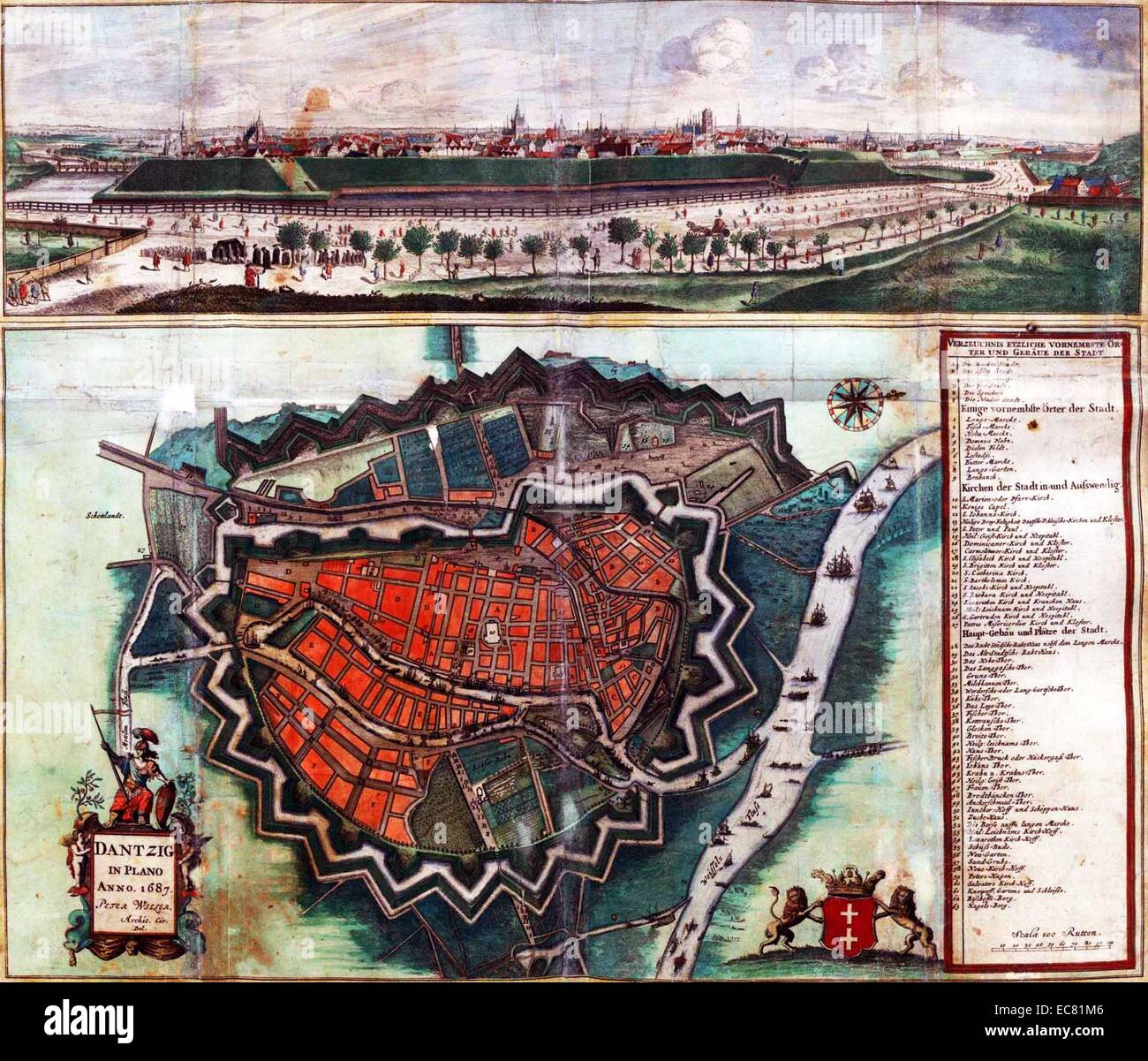 Mappa che mostra le fortificazioni di Danzica. Datata 1687 Foto Stock