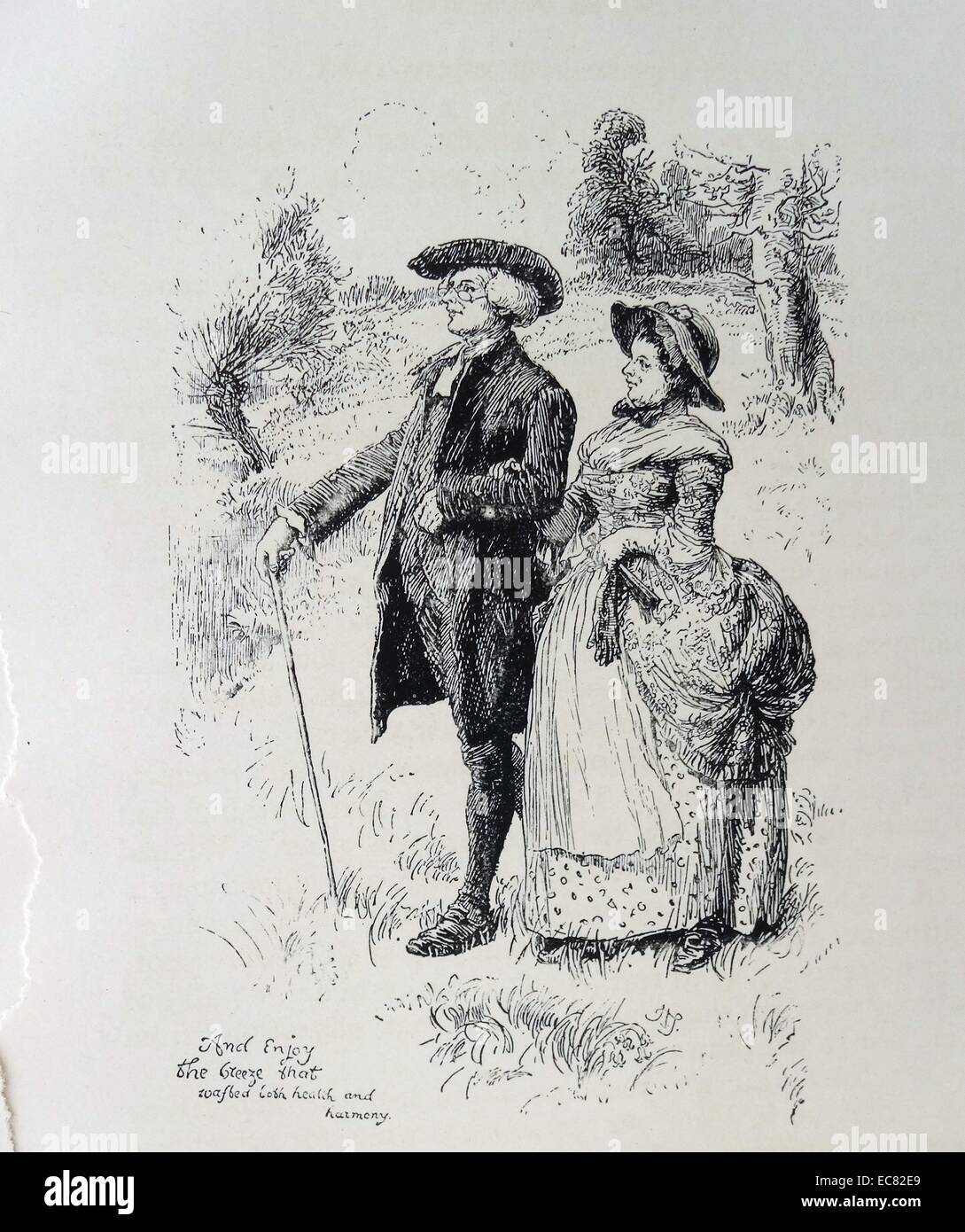 Incisione intitolata 'Il Vicario e sua moglie". L incisione depcits un vicario e il suo abito sposa camminare insieme. Datata 1850 Foto Stock