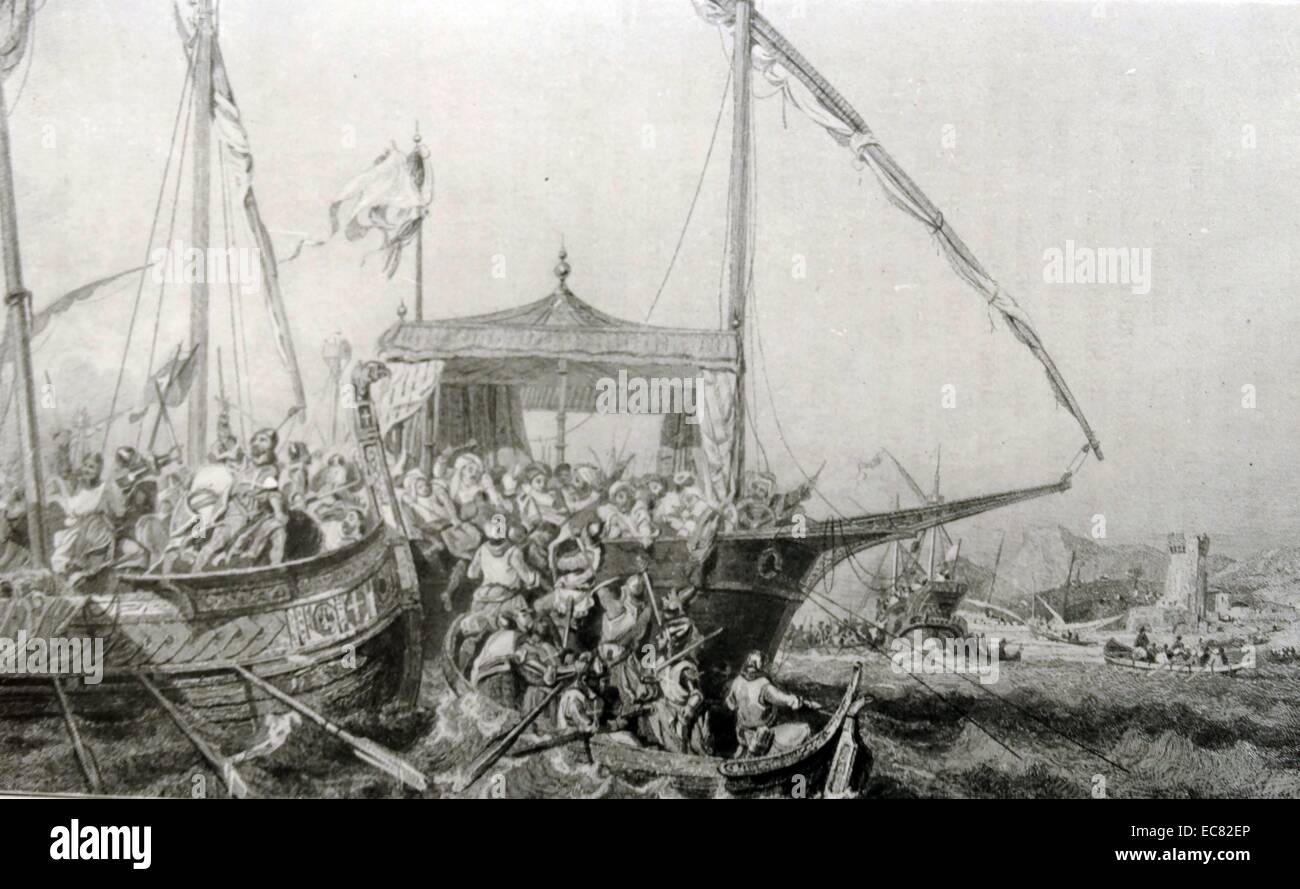 Incisione dei Veneziani e dai Saraceni su barche. L incisione raffigura una scena costiere con due navi. Datata 1899 Foto Stock
