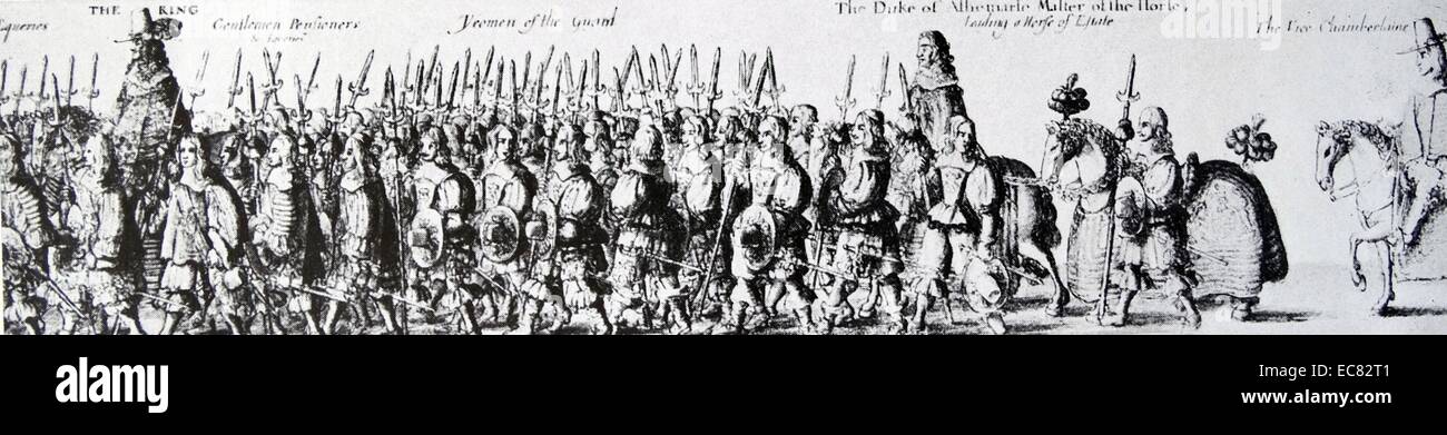 Incisione di la processione solenne incoronazione del re Carlo II (1630-1685) monarca dei tre regni di Inghilterra e Scozia e Irlanda. Datata 1660 Foto Stock