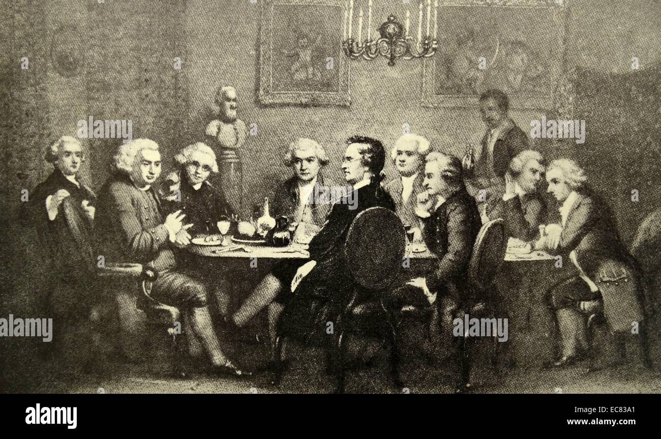 Incisione di una parte letteraria a Sir Joshua Rinaldo. Da sinistra a destra: James Boswell (1740-1795), Samuel Johnson (1709-1784), Joshua Reynolds (1723-1793), David Garrick (1717-1779), Edmund Burke (1729-1797), Pasquale Paoli (1725-1807), Thomas Warton (1728-1790) e Oliver Goldsmith (1728-1774). Datata 1770 Foto Stock