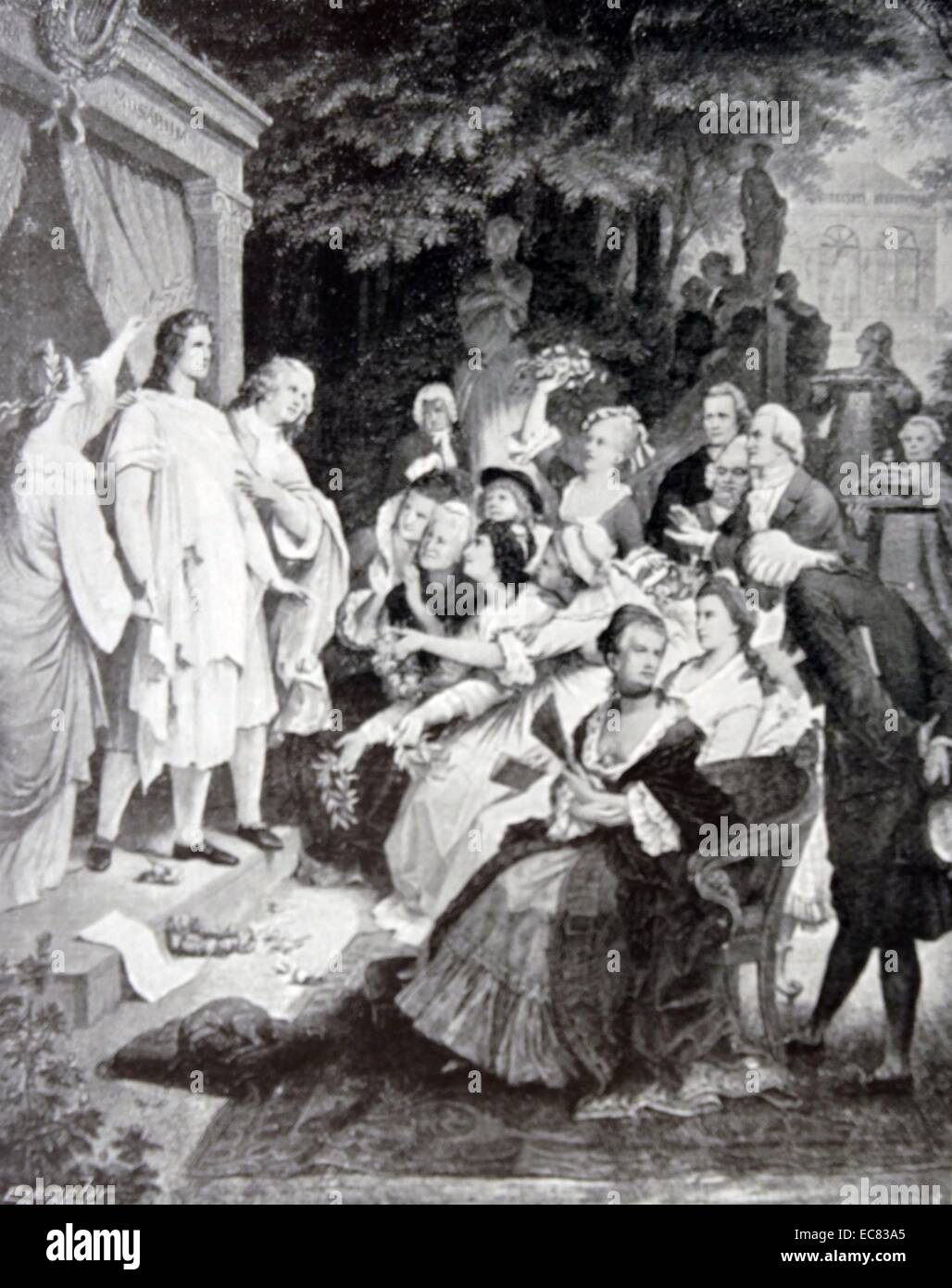 Incisione intitolata "Goethe a Weimar'. Da Wilhelm von Kaulbach (1805-1874), pittore tedesco, rilevato soprattutto come un muralista, ma anche come illustratore di libri. I suoi murales adornano edifici di Monaco di Baviera. Egli è associato con la scuola di Düsseldorf la pittura. Datata 1854 Foto Stock