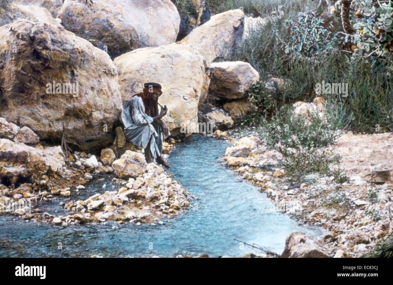 Fotografia a colori di un Arabo Beduin a Ein Gedi, molla superiore, Palestina. Datata 1920 Foto Stock