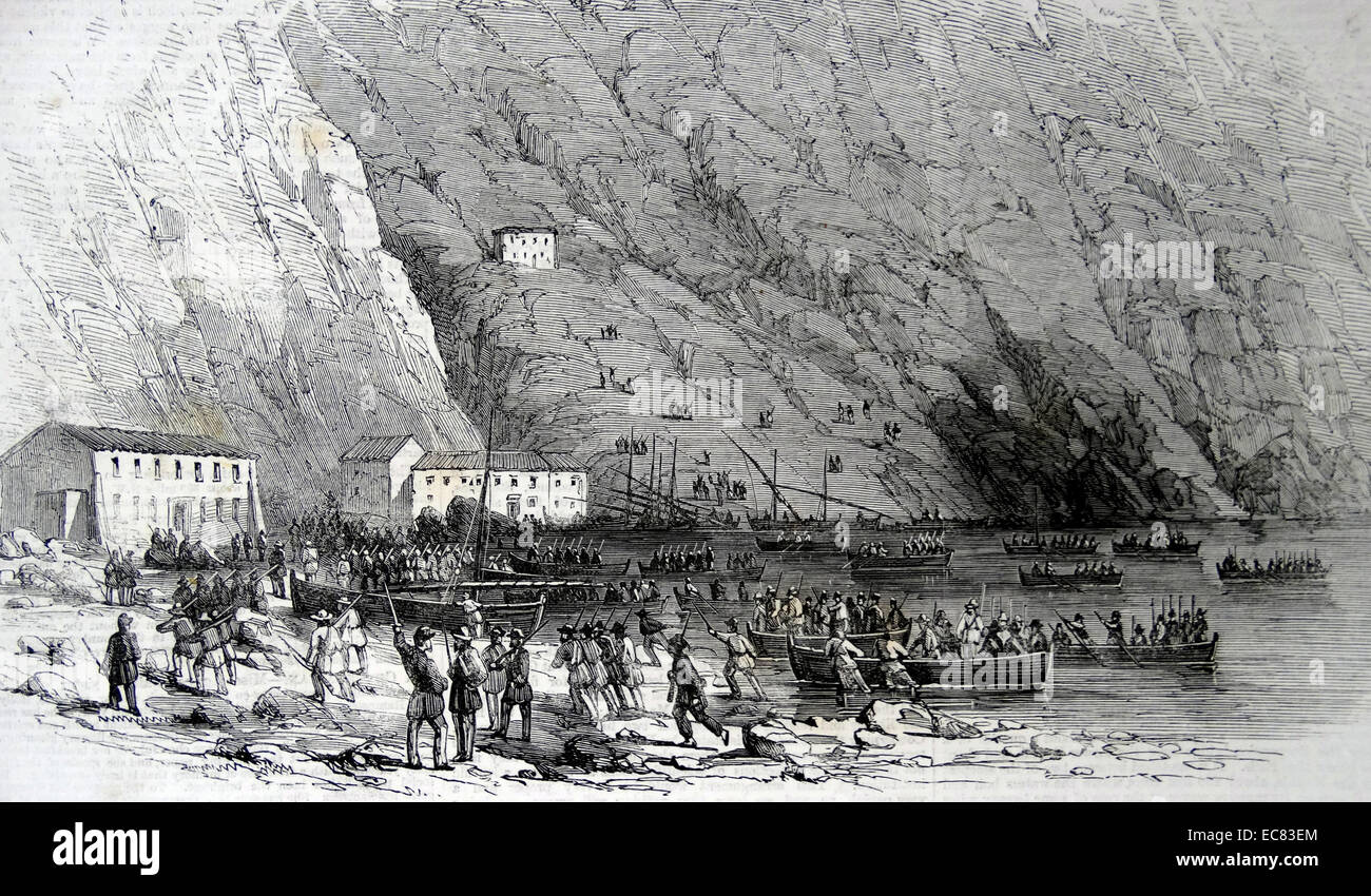 Lo sbarco di una parte dell'Esercito nazionale presso la Marina di Palmi; Calabria. Da uno schizzo di un artista del sud Italia. Foto Stock