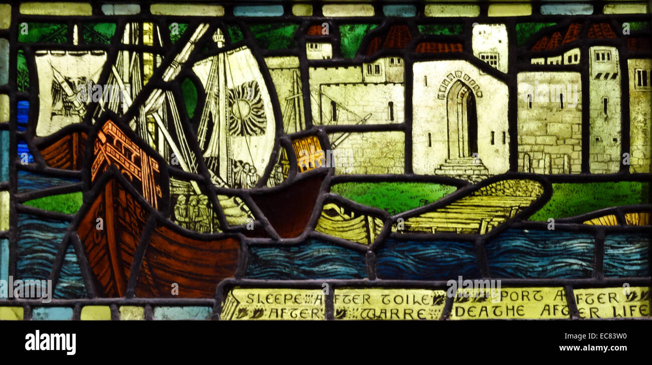 Colorate il pannello di vetro in due parti dal titolo 'Sleep dopo Toile' da Maria Newill; intorno al 1905. Foto Stock