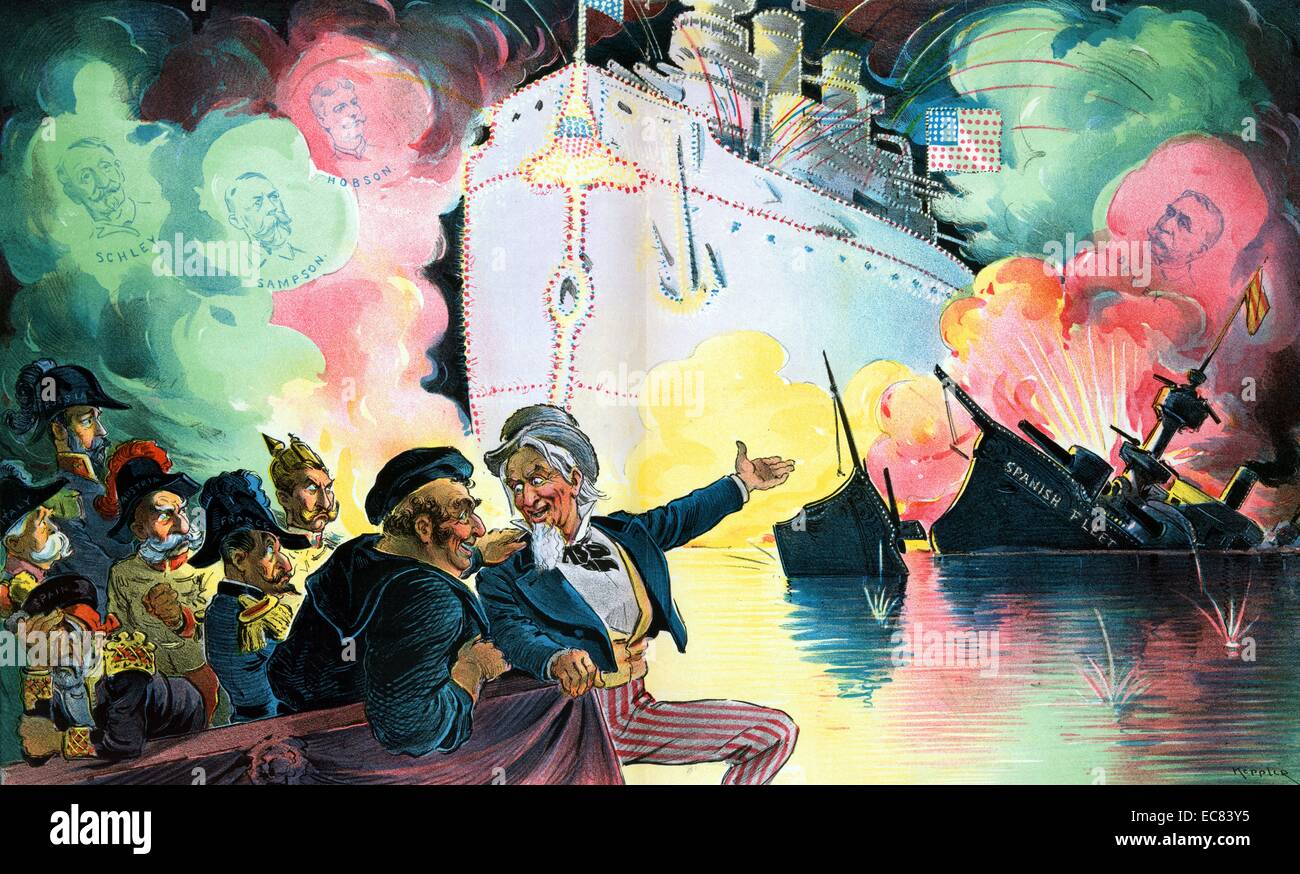Celebrando luglio 4th, 1898 - "il trionfo della battaglia americano-nave" da Udo Keppler, 1872-1956, artista, 1898. Lo zio Sam seduta con John Bull, che è un marinaio che rappresentano l'Inghilterra e sei figure che rappresentano "dolore", "l'Italia" (Umberto I), " Austria " (Franz Joseph I), " Francia " Germania (Guglielmo II), e " Russia " (Nicholas II), guardando uno spettacolo di fuochi d'artificio che mostra il profilo di un enorme corazzata americana che illumina le rovine del 'Spanish Flotta' e le nuvole di fumo mostra ritratti di 'Schley, Sampson, Hobson e Dewey'. Foto Stock
