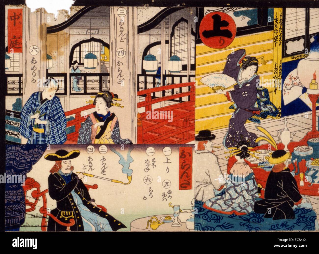 Giapponese colorate a mano la xilografia. L'immagine mostra un numero di scene da un giapponese di gioco da tavolo chiamato Sugoroku. Una scena mostra un uomo e una donna a piedi nei pressi di un ponte. Un altro mostra un western fumatori maschi di un tubo. L'ultima mostra un giapponese geisha divertente uomini. Datata c1865 Foto Stock