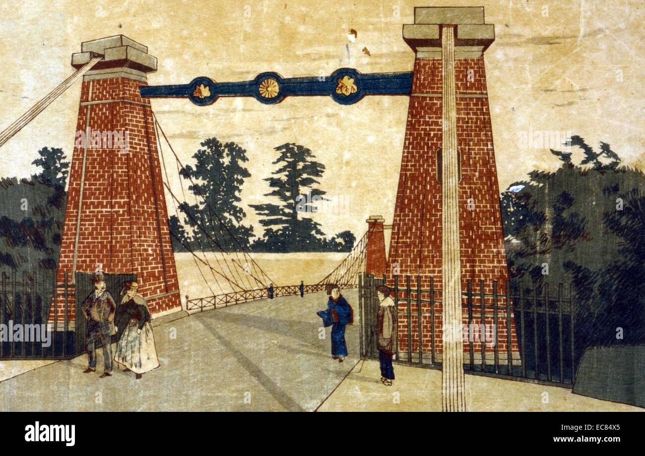 Giapponese colorate a mano la xilografia. L'immagine mostra un giapponese street scene in cui persone attraversano un tradizionale ponte levatoio che conduce al Palazzo Imperiale. Datata c1870 Foto Stock