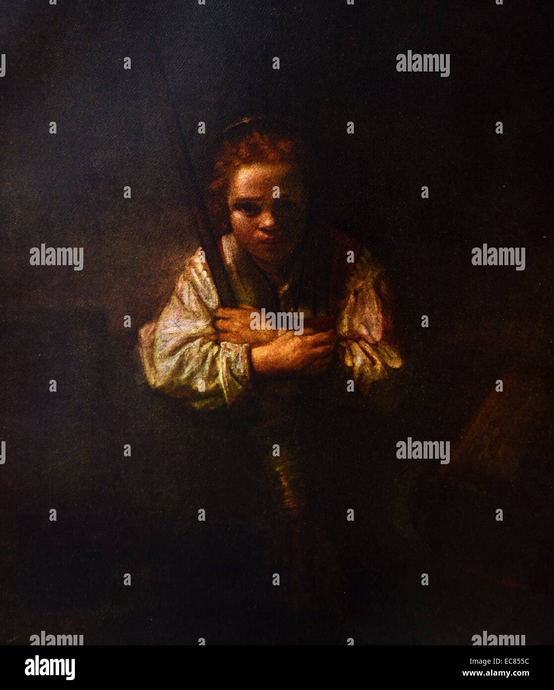Pittura intitolato "La ragazza con una scopa' Di artista sconosciuto. Risalenti al XVII secolo Foto Stock