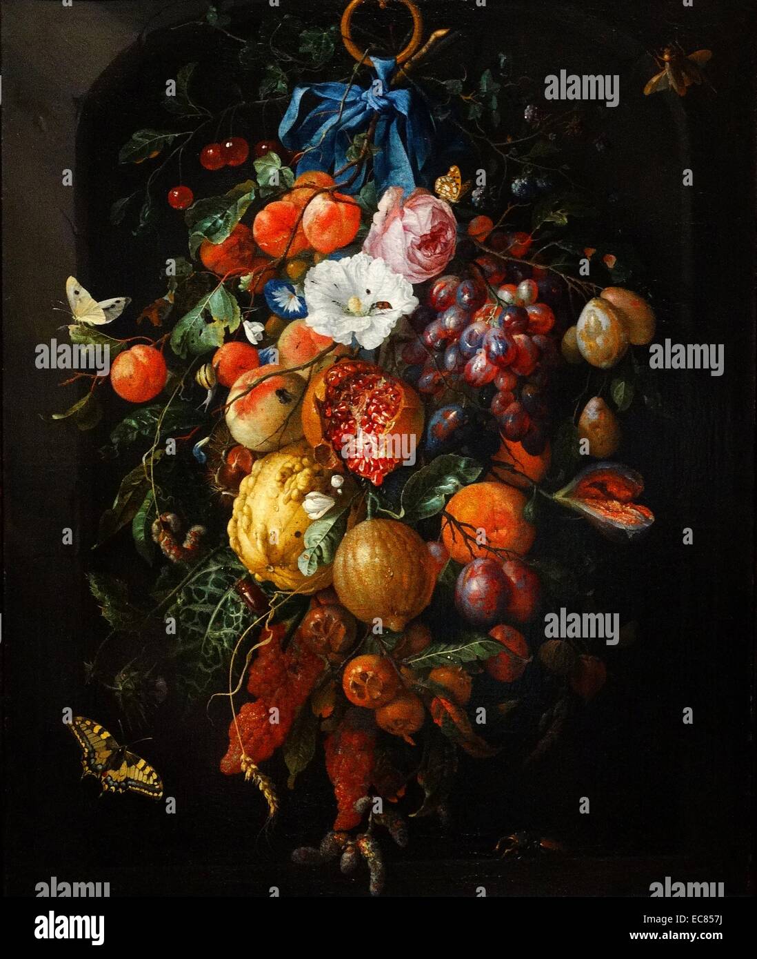 La pittura di un festone di fiori e frutti. Dipinto di Jan Davidsz de Heem (1606-1683). Risalenti al XVII secolo Foto Stock