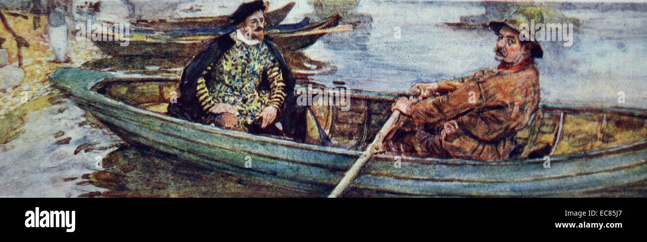 La pittura di William Shakespeare (1564-1616) poeta inglese, drammaturgo e attore, con una waterman remare lungo il Tamigi. Datata XVI secolo. Foto Stock